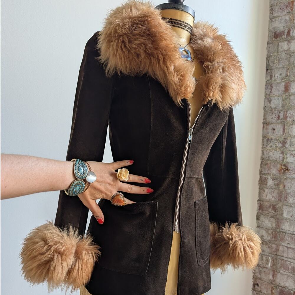 Vintage Brown Suede Penny Lane Jacket Groovy Furry 70s Leather Western Coat Smal - Picture 7 of 11